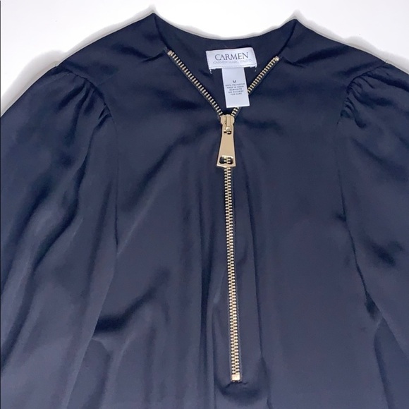 Carmen Marc Valvo Black zip front long sleeve blouse women’s medium - Picture 4 of 8